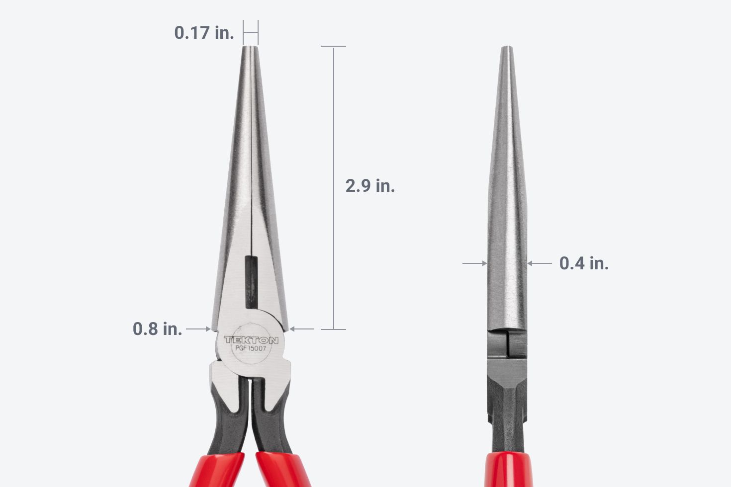 The tip is 0.17 inches and the jaws are 2.9 inches long and 0.8 inches wide at the base.