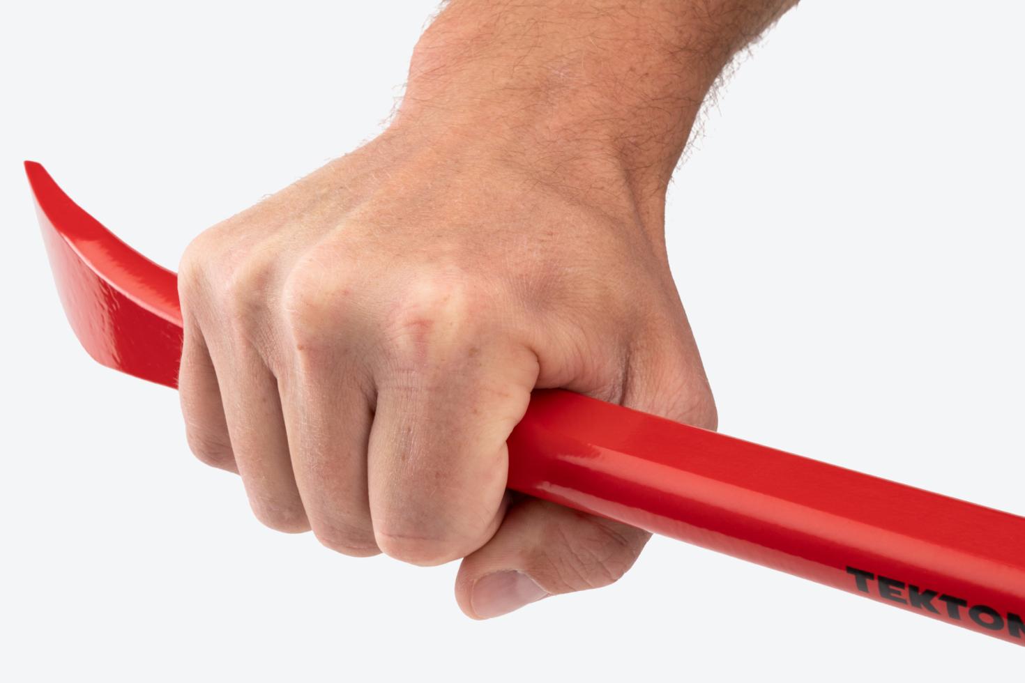 A hand pulling on a wrecking pry bar.