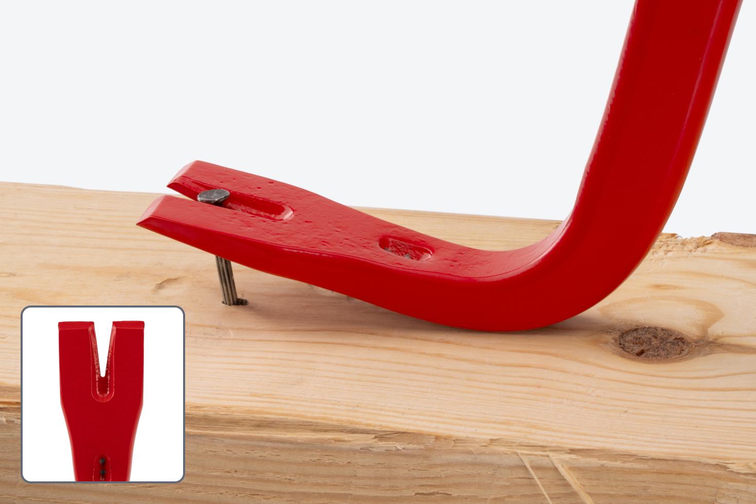 The pry bar removing a nail, with an inset image showing a straight-on close up view of the end.
