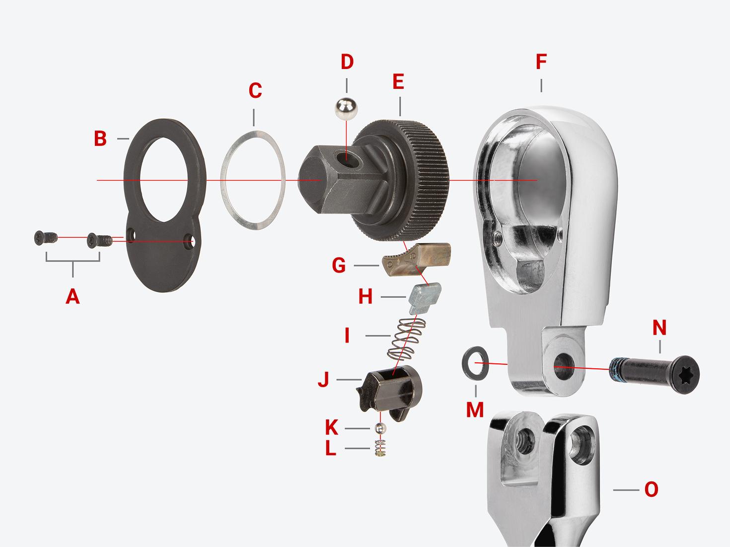 The internals of a non-quick-release ratchet with each part labeled.