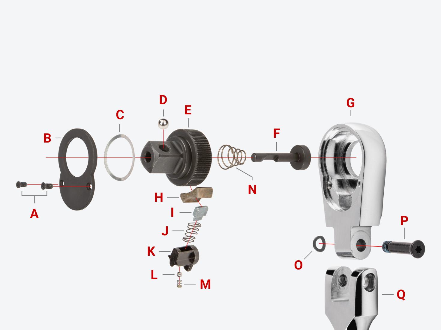 The internals of a quick-release ratchet with each part labeled.