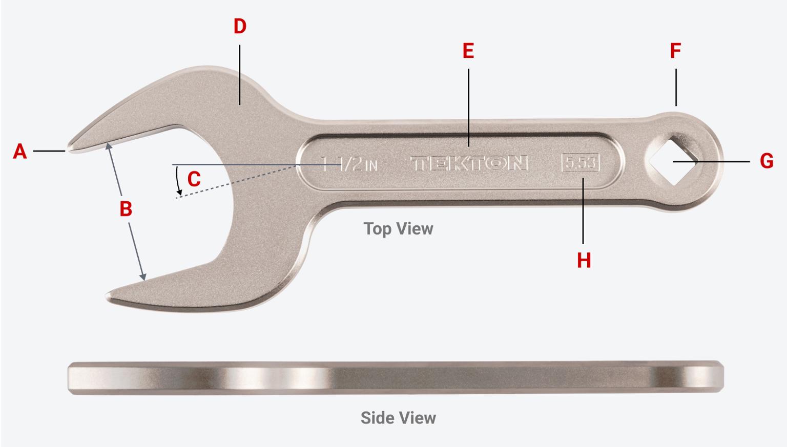 Top and side views of a Tekton service wrench with specific areas of wrench labeled.
