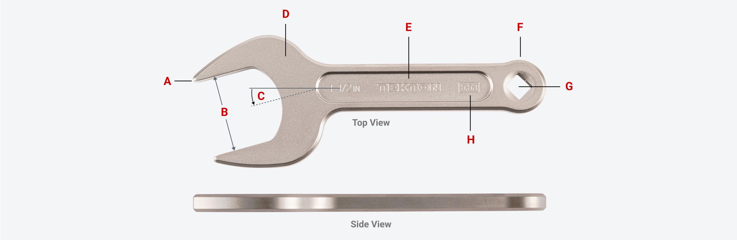 Top and side views of a Tekton service wrench with specific areas of wrench labeled.