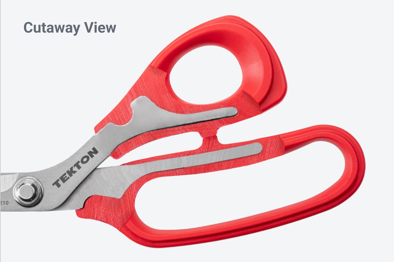 The handle of the scissors cut in half, showing the blade shanks extending deep into the handles