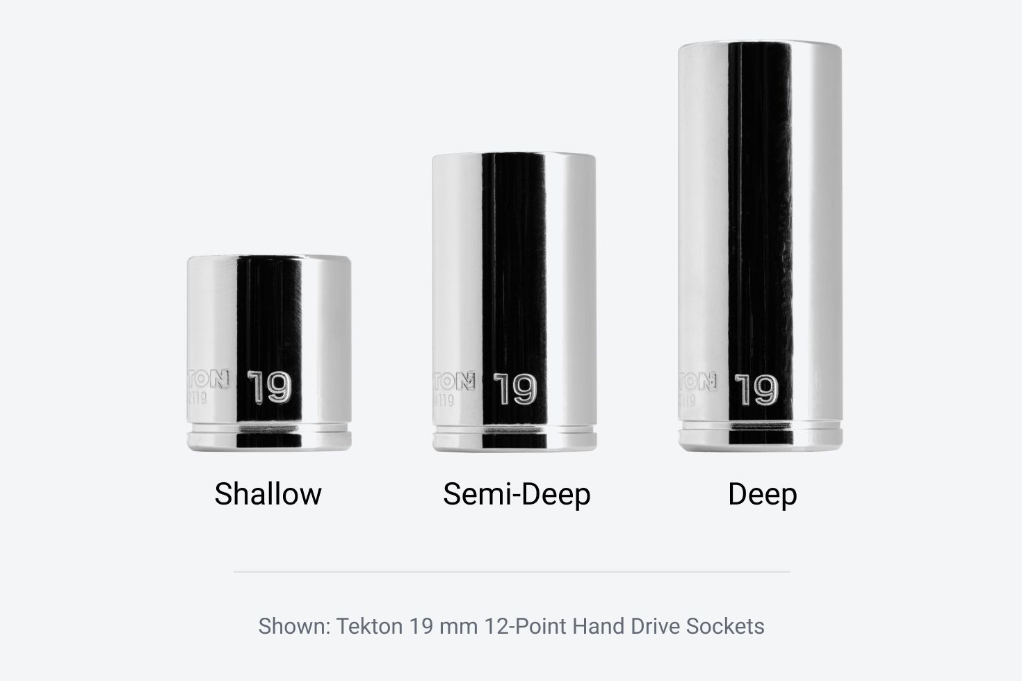 Image of Tekton 18 mm 12-Point Hand Drive Sockets in shallow, semi-deep, and deep lengths