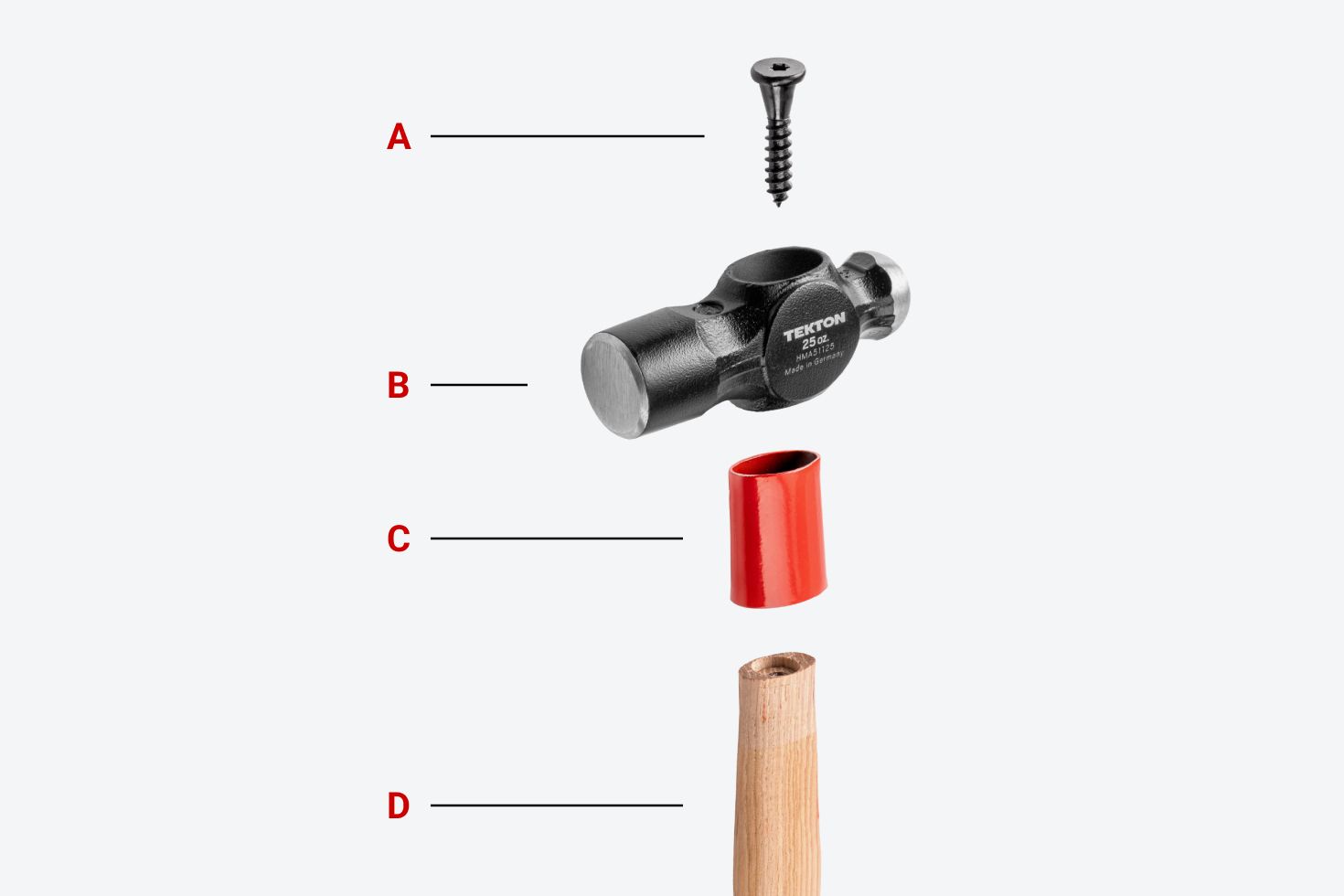 Exploded view of a Tekton ball peen hammer, with each part labeled.