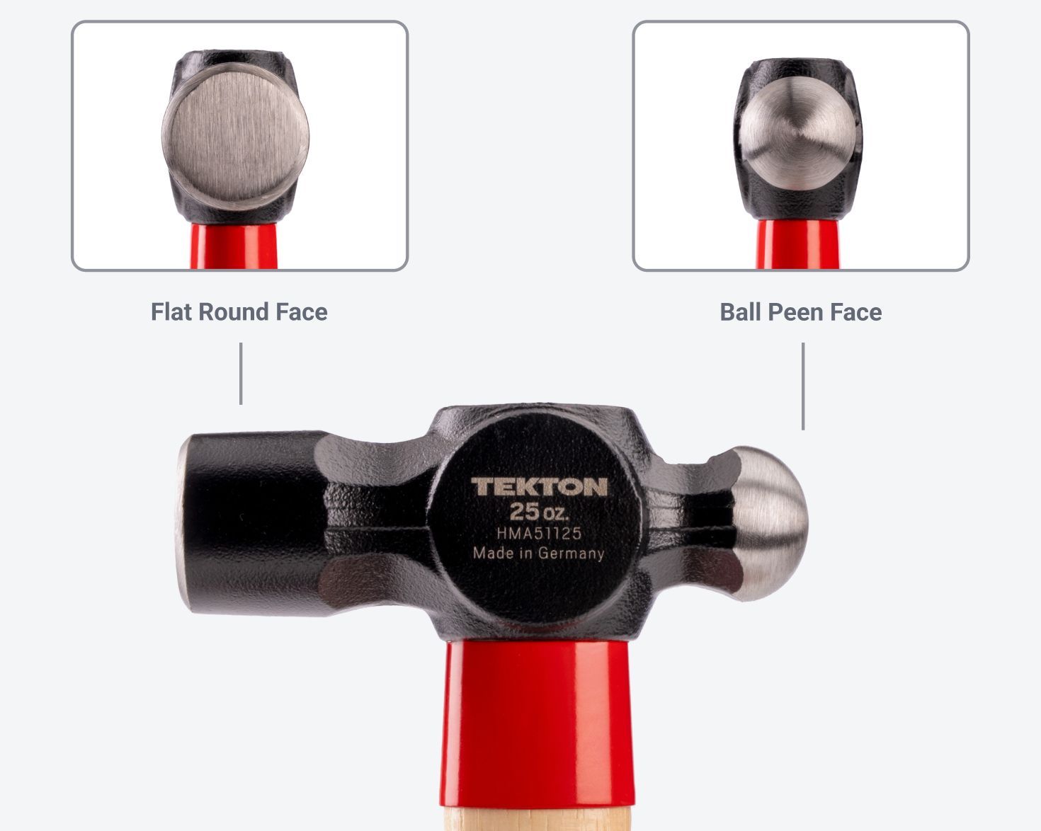 Graphic pointing out the flat round face and the ball peen face of a Tekton ball peen hammer #HMA51125