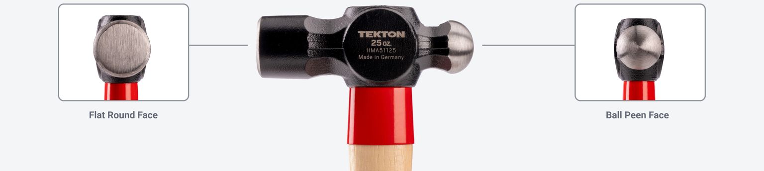 Graphic pointing out the flat round face and the ball peen face of a Tekton ball peen hammer #HMA51125