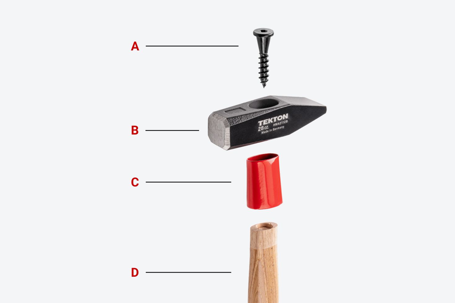 Exploded view of a Tekton cross peen hammer, with each part labeled.