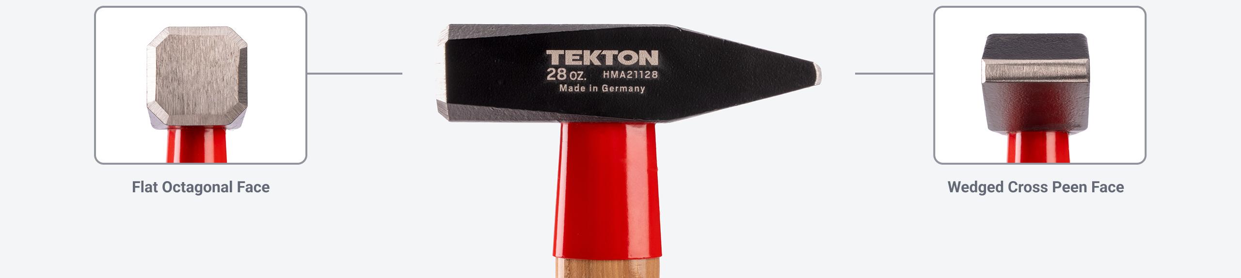 Graphic pointing out the flat octagonal face and the wedged cross peen face of a Tekton cross peen hammer #HMA21128