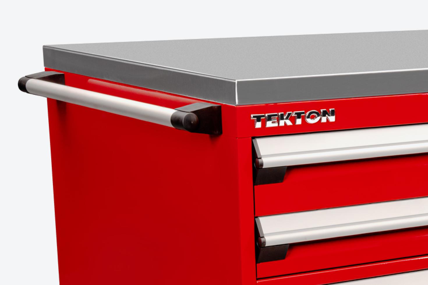 A stainless steel top on a red tool cabinet