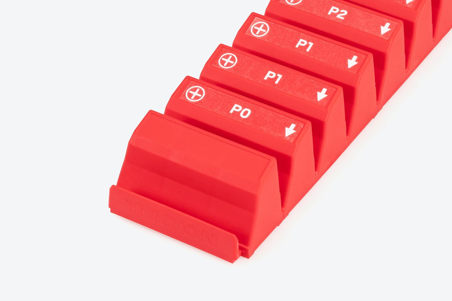Red modular driver organizers with labels for Phillips drivers.