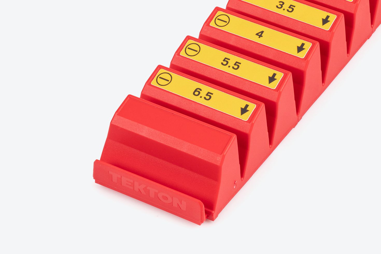 Red modular driver organizers with labels for insulated drivers.