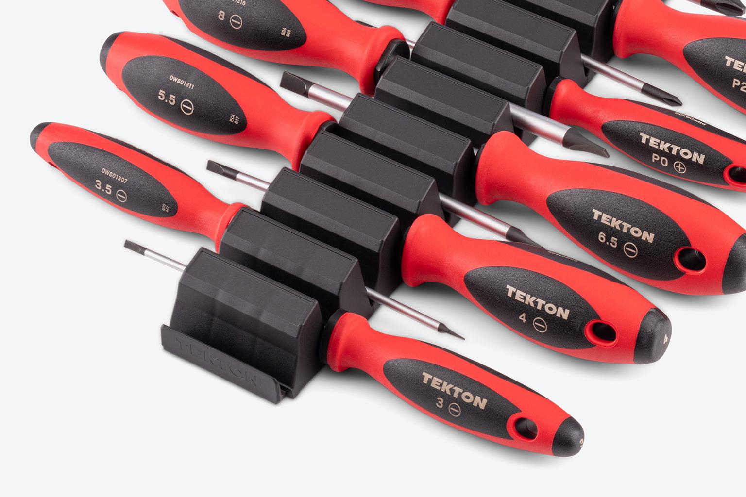 Phillips and slotted screwdrivers in black modular driver organizers.