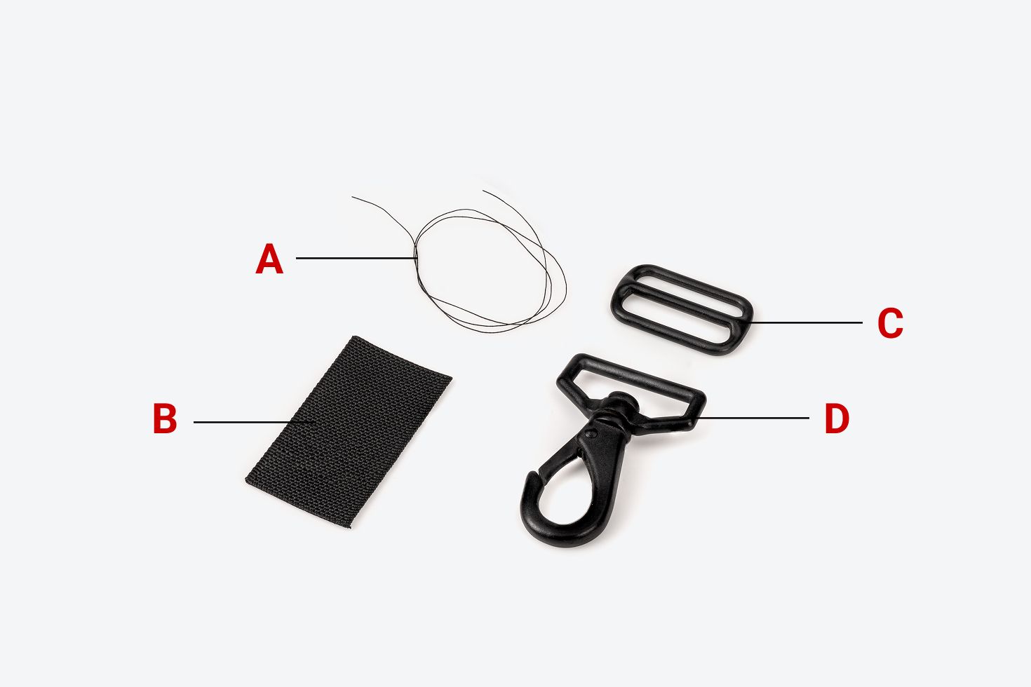 View of the materials of the strap, with each material labeled