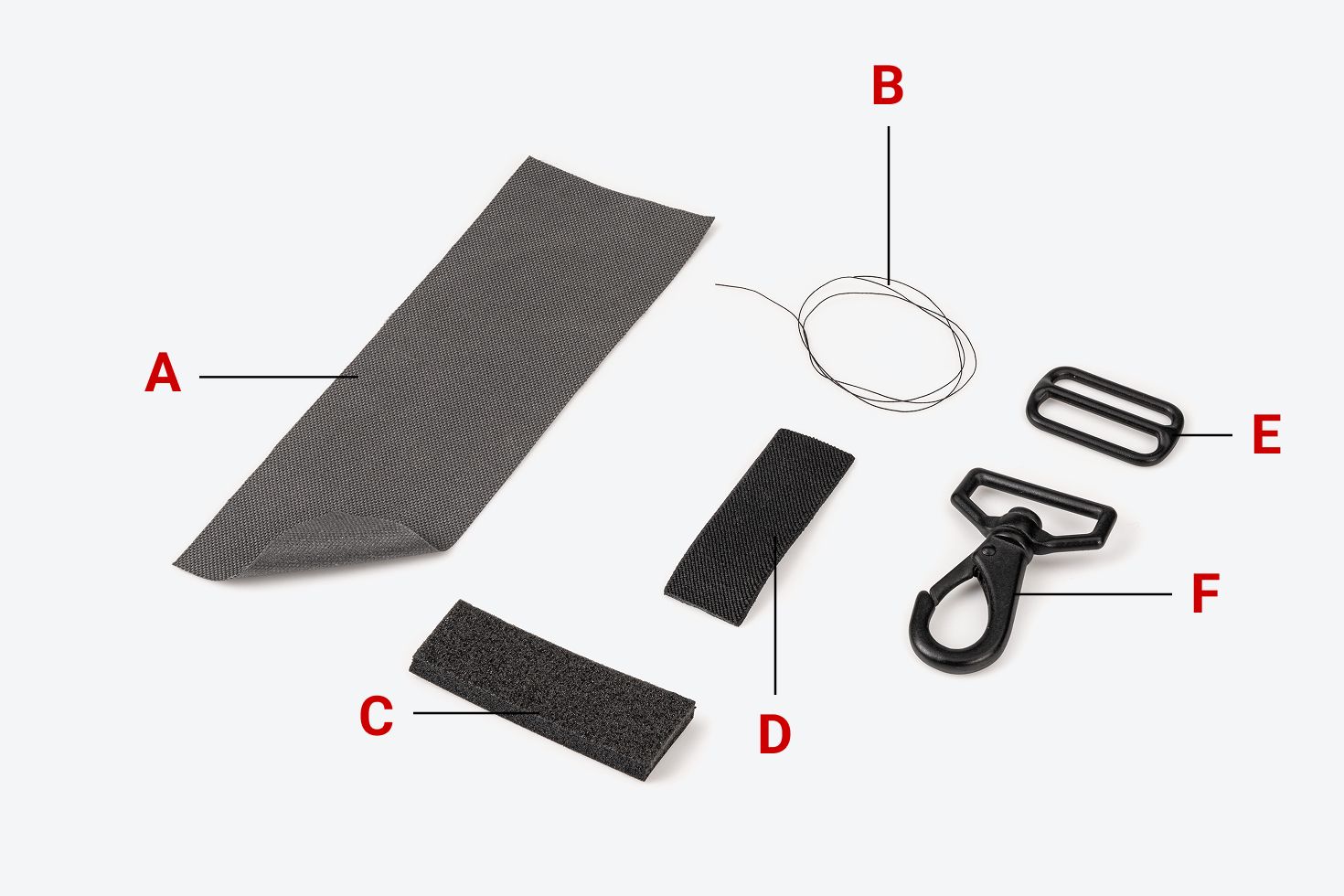 View of the materials of the strap, with each material labeled