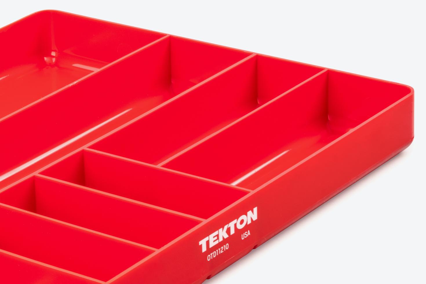 Close-up view of a 10-compartment red organizer tray.