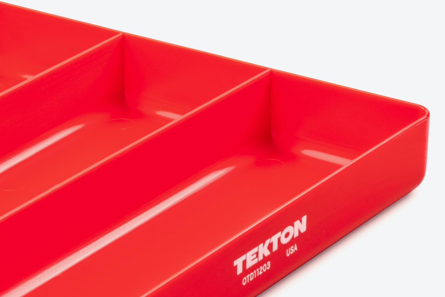 Close-up view of a 3-compartment red organizer tray.