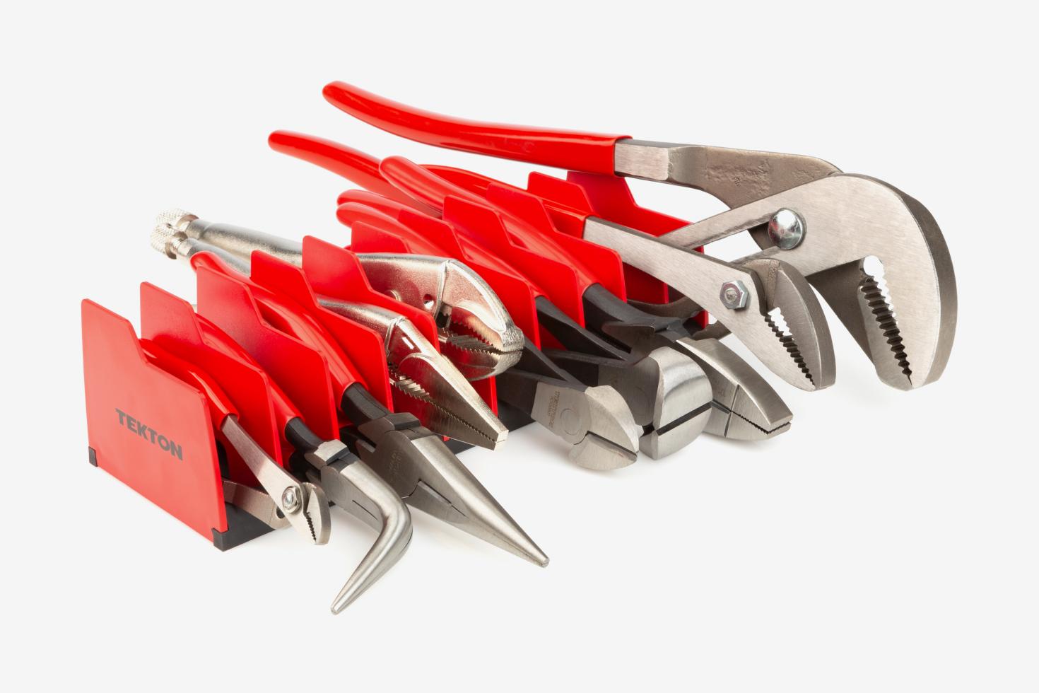 A variety of pliers in a pliers rack