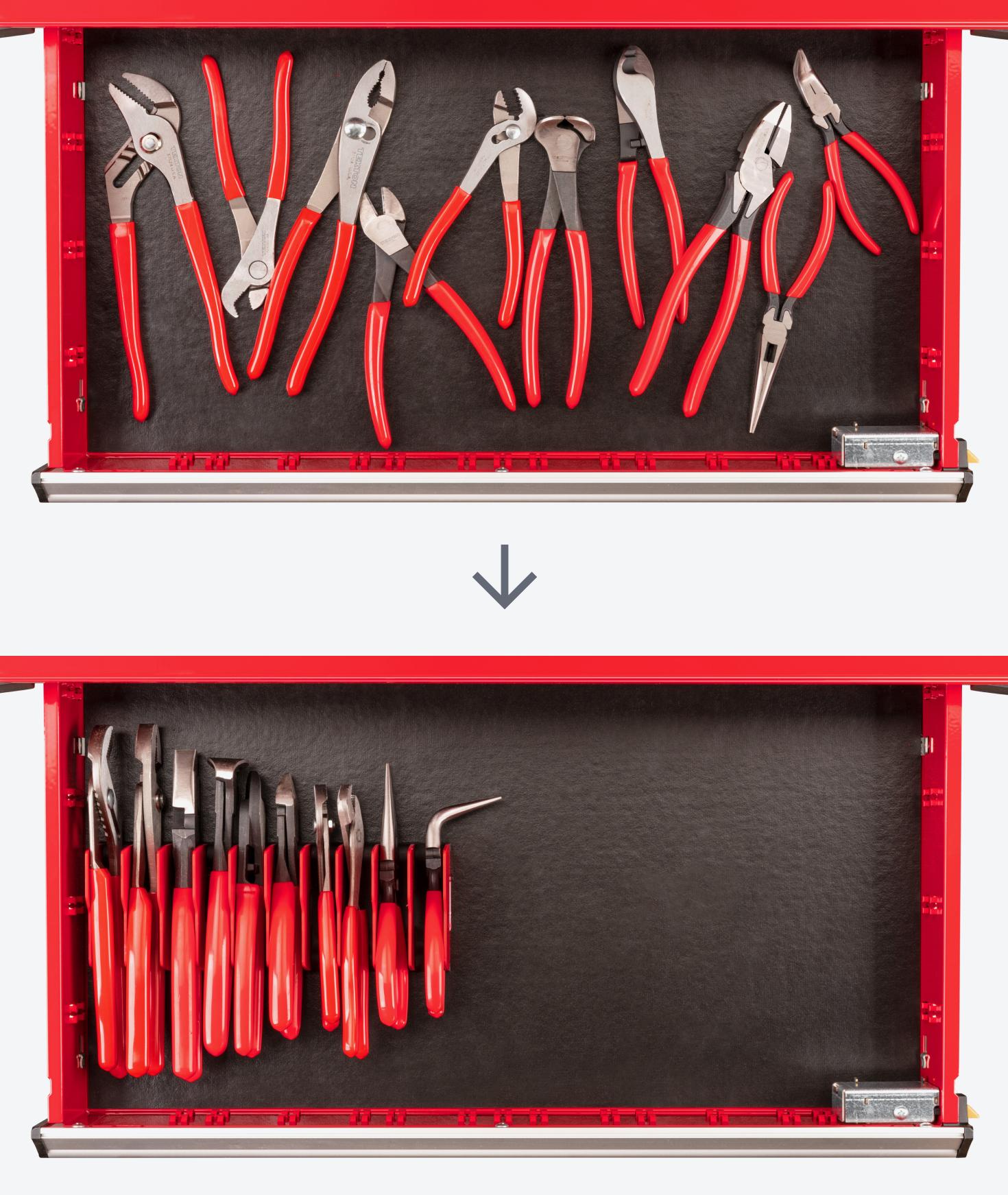 Image showing messy tool cabinet drawer and an organized drawer using the rack