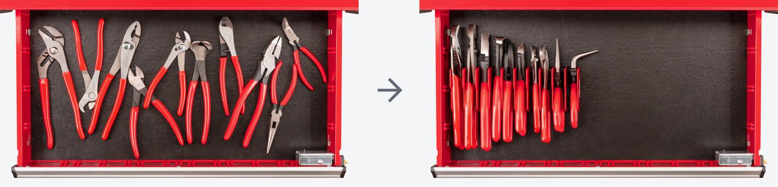 Image showing messy tool cabinet drawer and an organized drawer using the rack