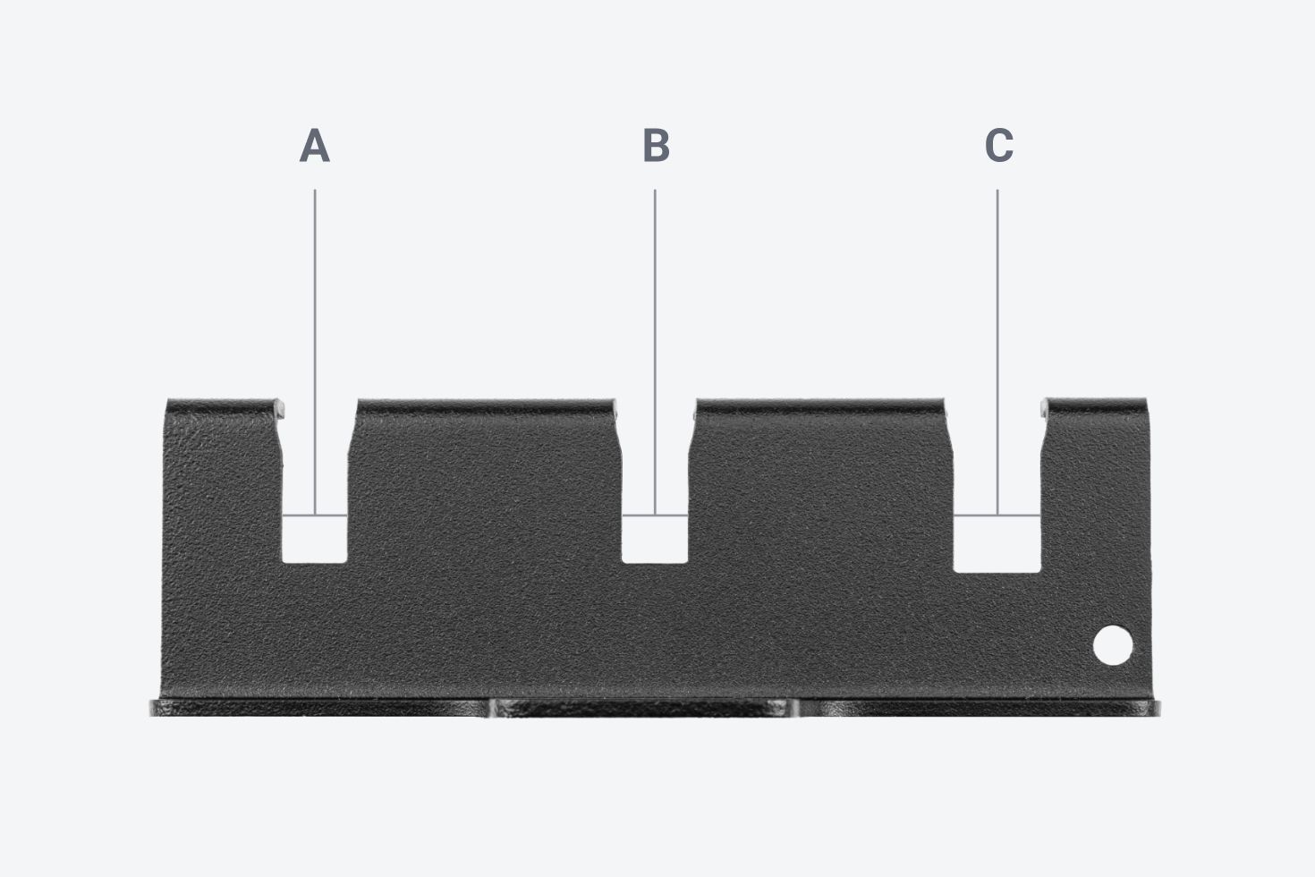 Tekton 3-Tool Pry Bar Wall Hanger #OPW11303 with each slot labeled.