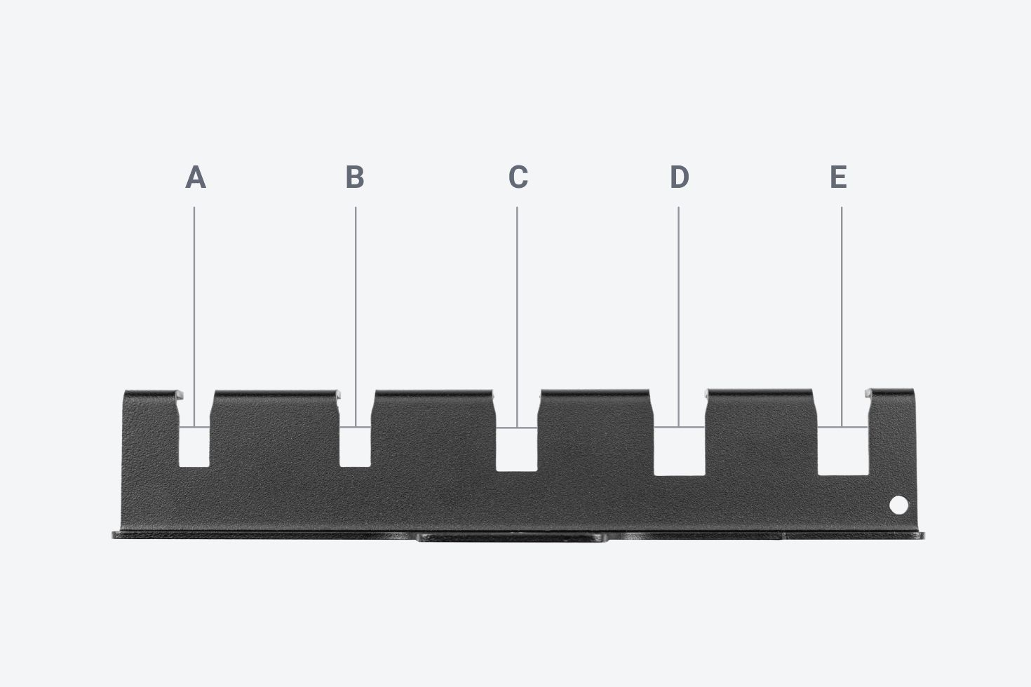 Tekton 5-Tool Pry Bar Wall Hanger #OPW11305 with each slot labeled.