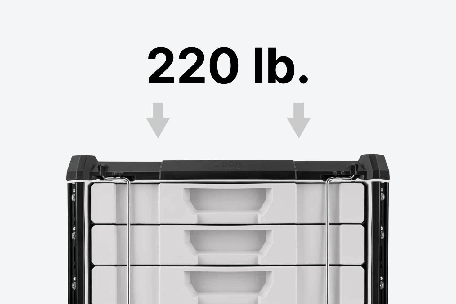 Graphic showing a 220 lb. on the lid of the box