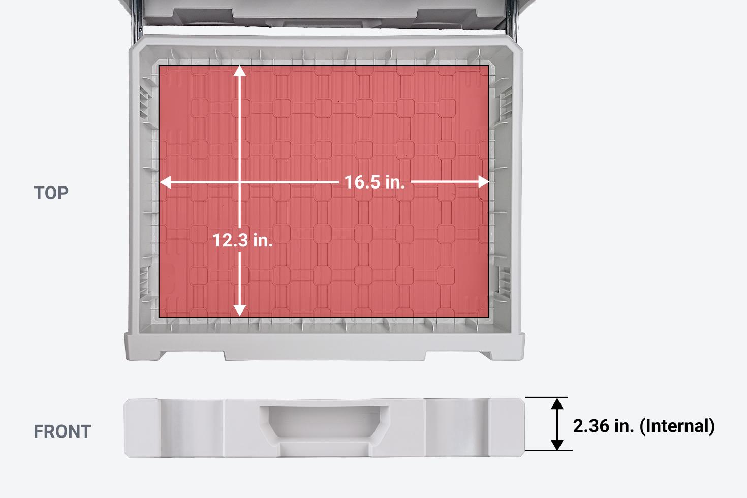 Graphic showing the internal dimensions of each drawer as 12.3 x 16.5 x 2.36 inches