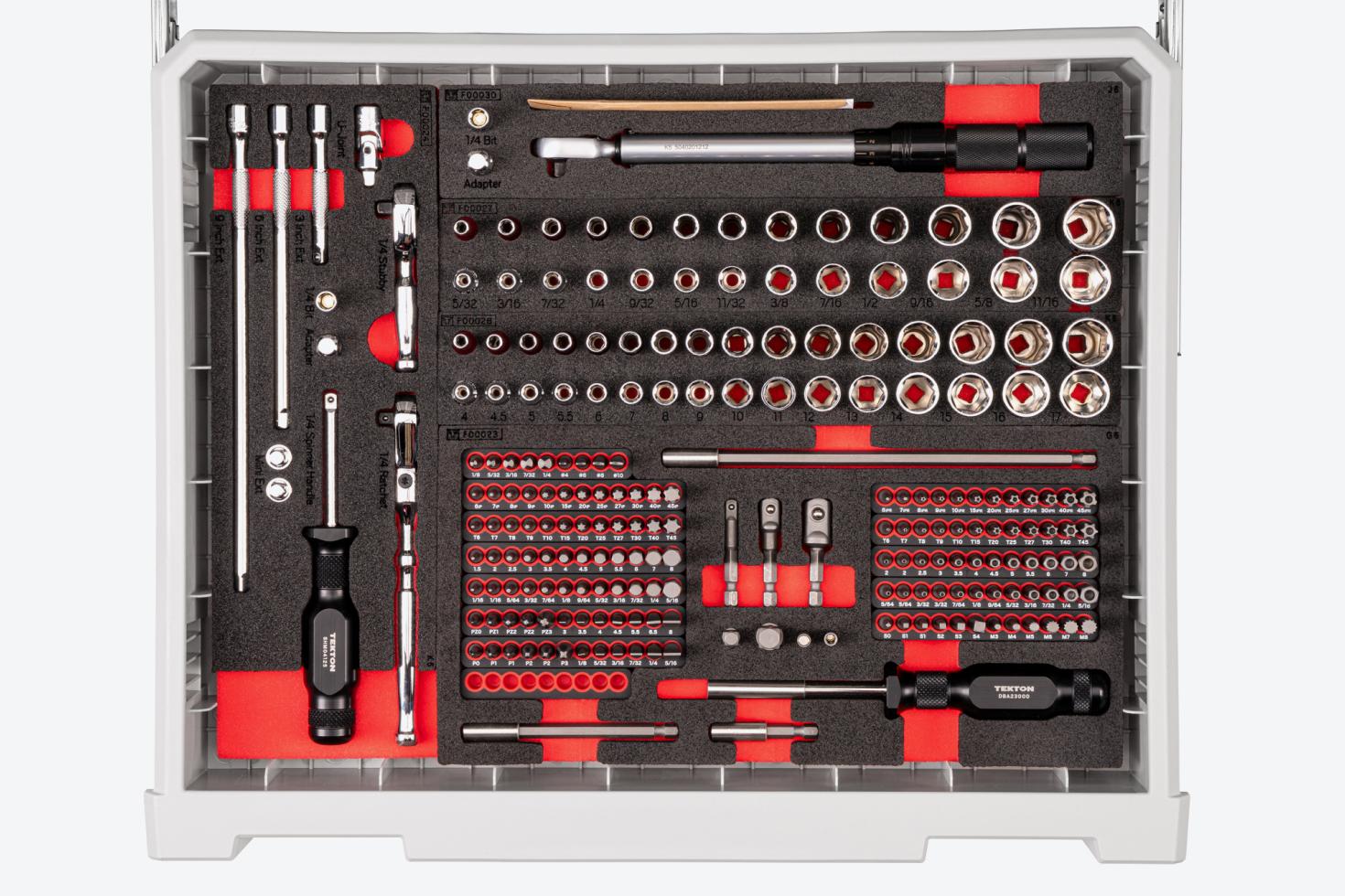 Top-down view of the 1/4 inch drive sockets, drive tools, and accessories drawer
