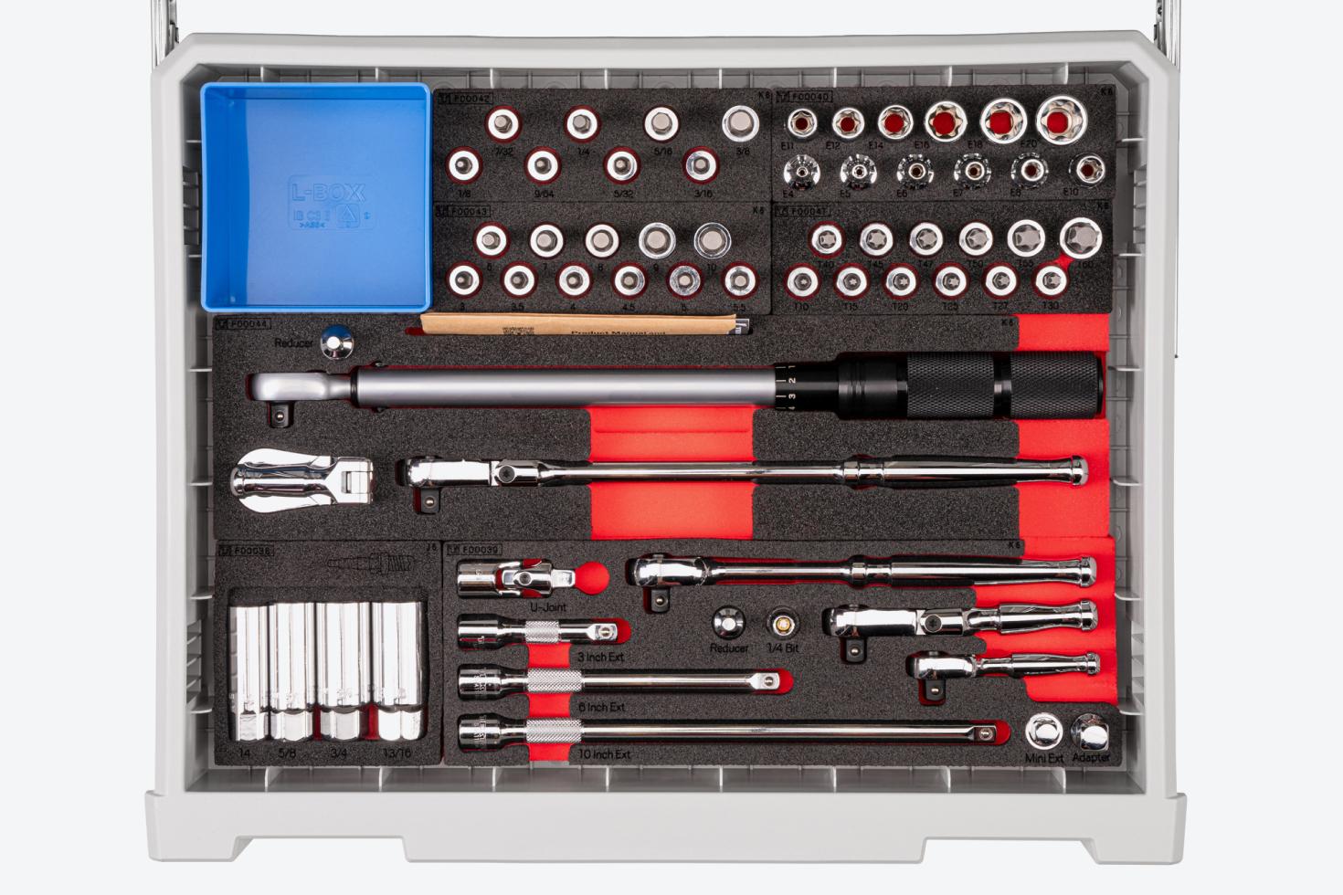 Top-down view of the 3/8 inch drive bit sockets, drive tools, and accessories drawer