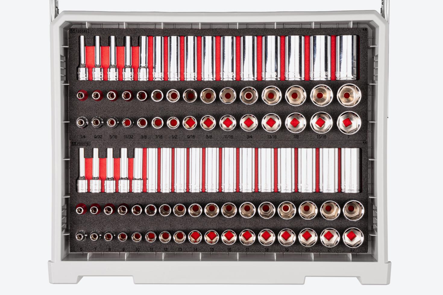 Top-down view of the 3/8 inch drive sockets drawer
