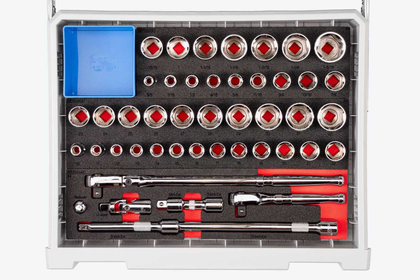 Top-down view of the 1/2 inch drive sockets, drive tools, and accessories drawer