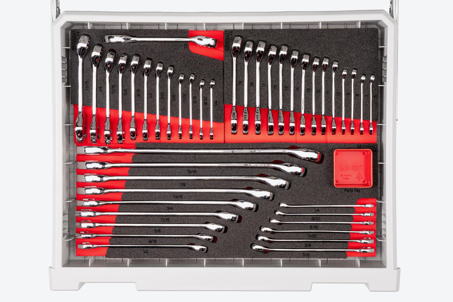 Top-down view of the inch and stubby wrenches drawer