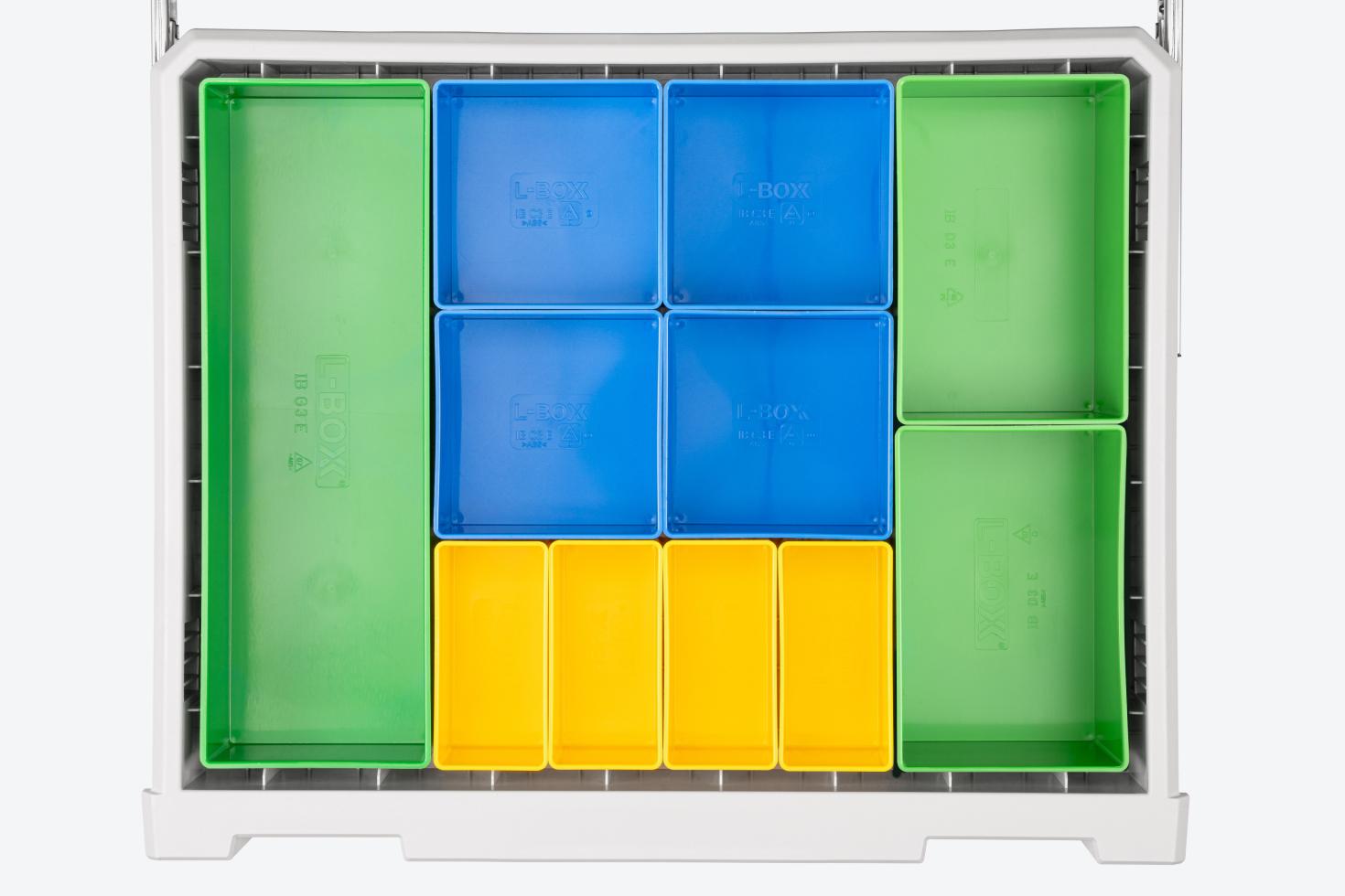 Top-down view of the organizer bins drawer
