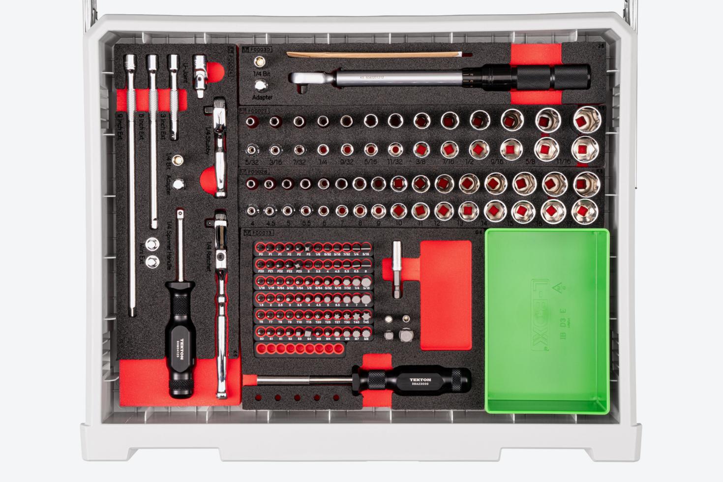 Top-down view of the 1/4 inch drive sockets, drive tools, and accessories drawer