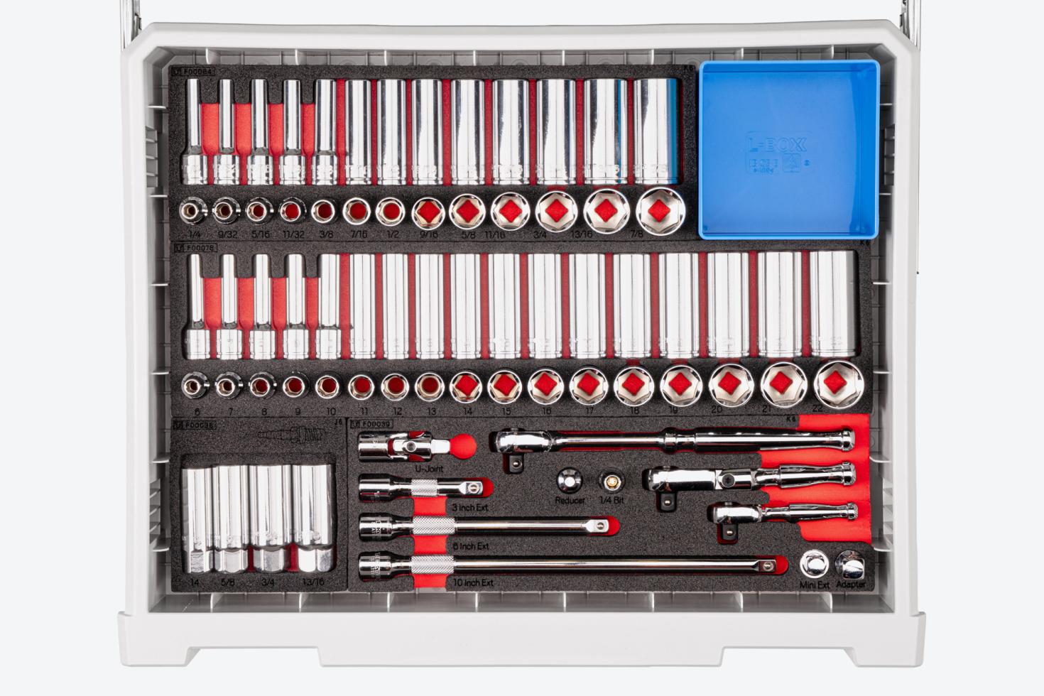 Top-down view of the 3/8 inch drive sockets, drive tools, and accessories drawer