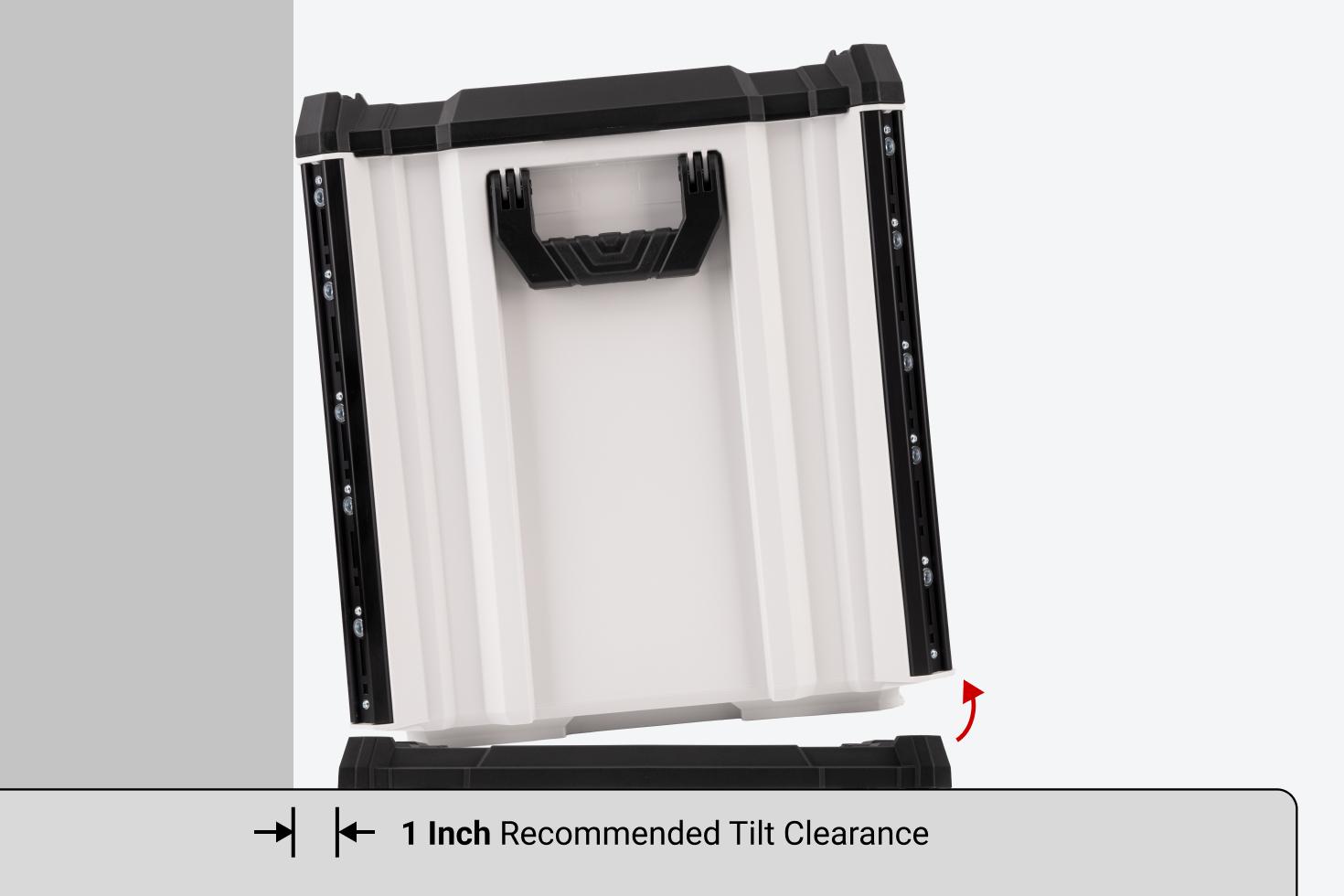 A 5-drawer tool box tilting backwards off a mounting plate so it can be removed.