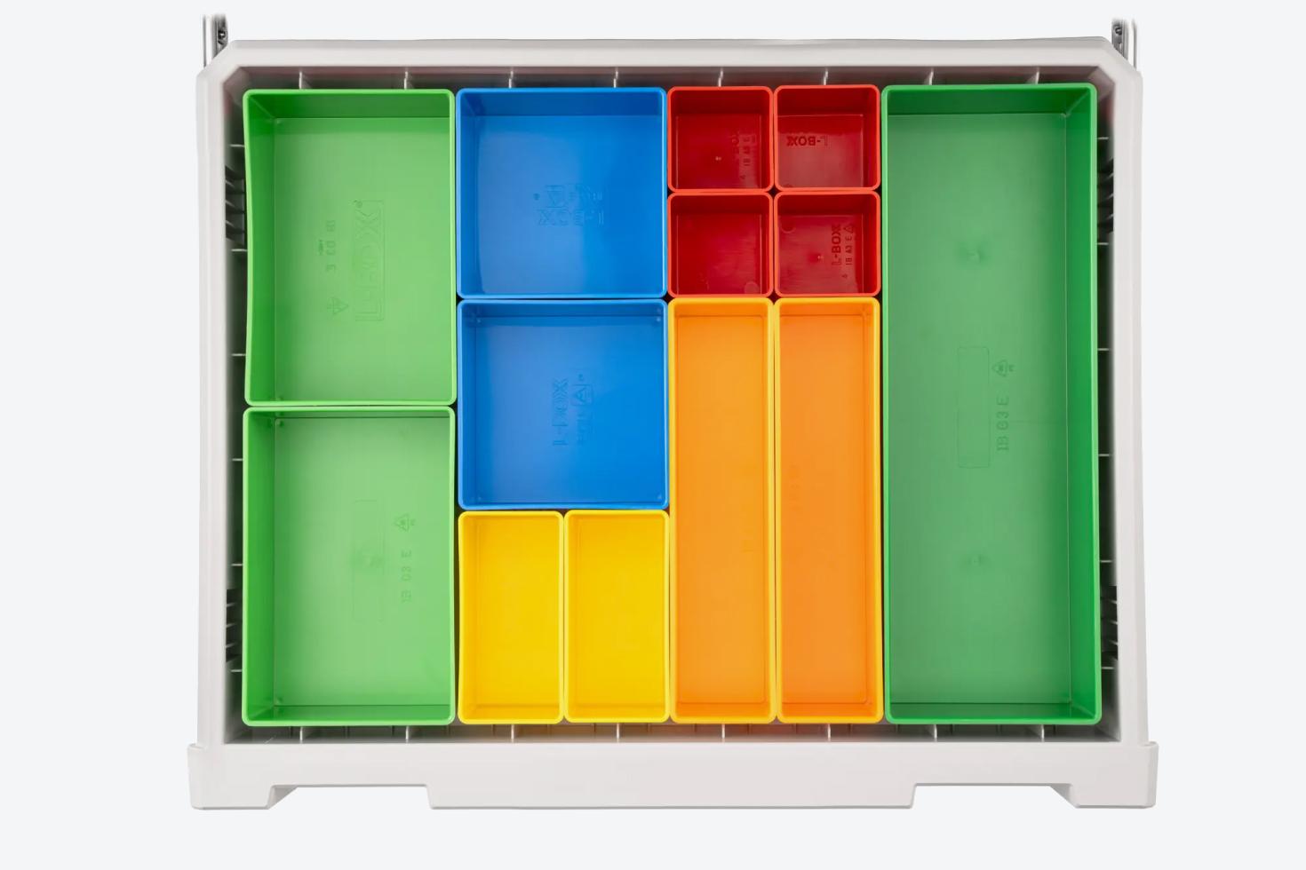 Top-down view of a drawer filled with bins