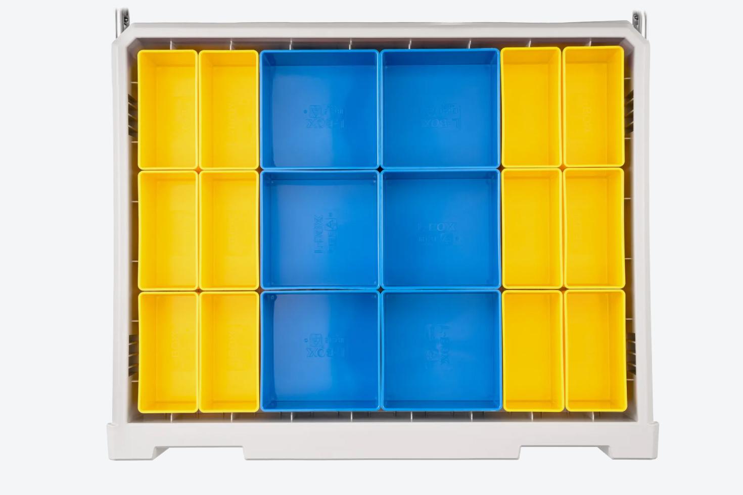 Top-down view of a drawer filled with bins
