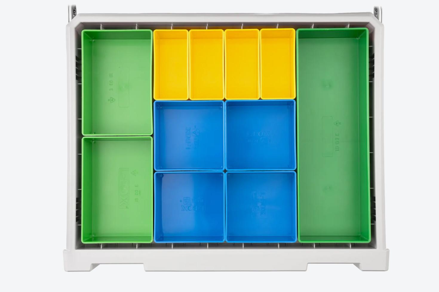 Top-down view of a drawer filled with bins