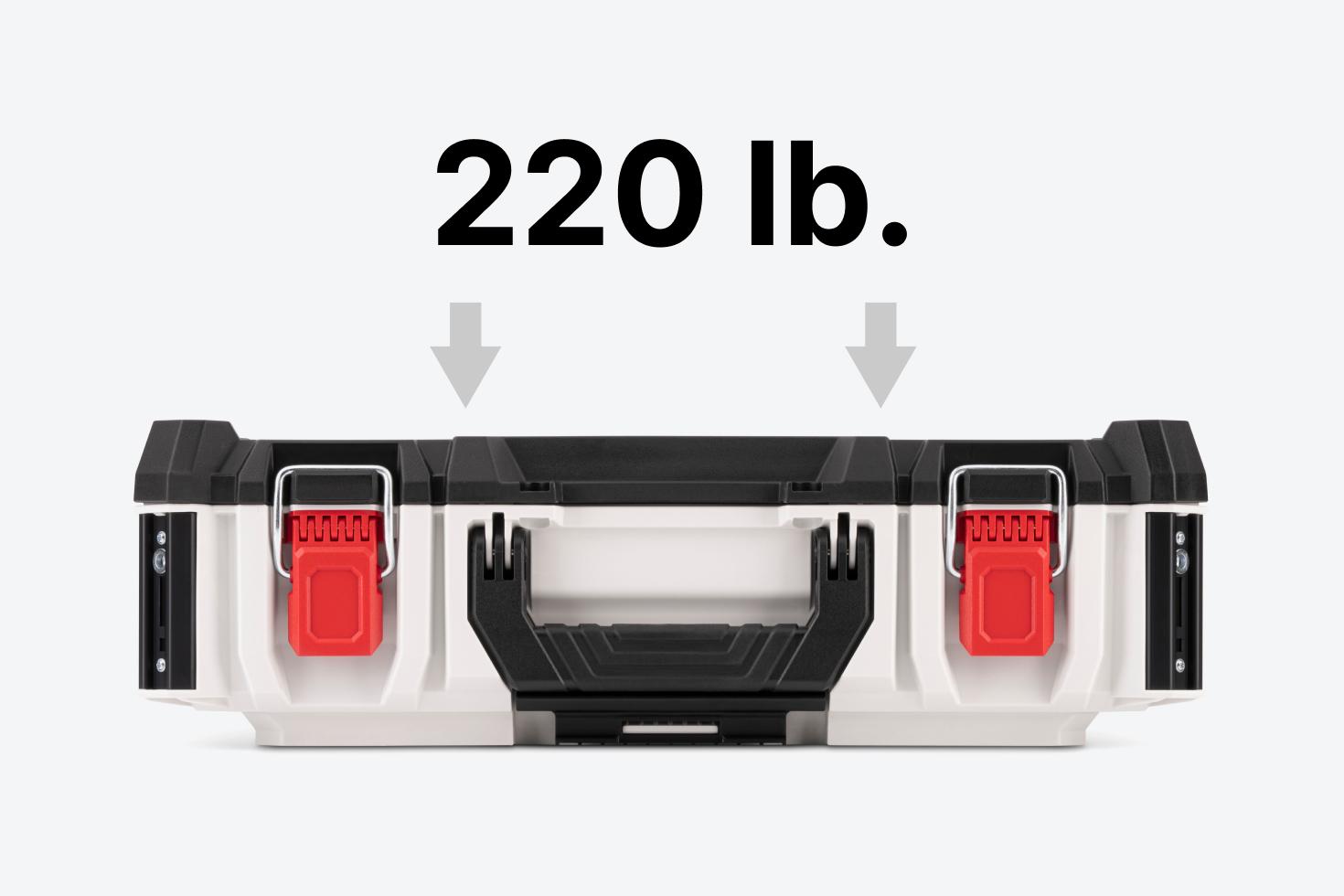 Graphic showing a 220 lb. on the lid of the box