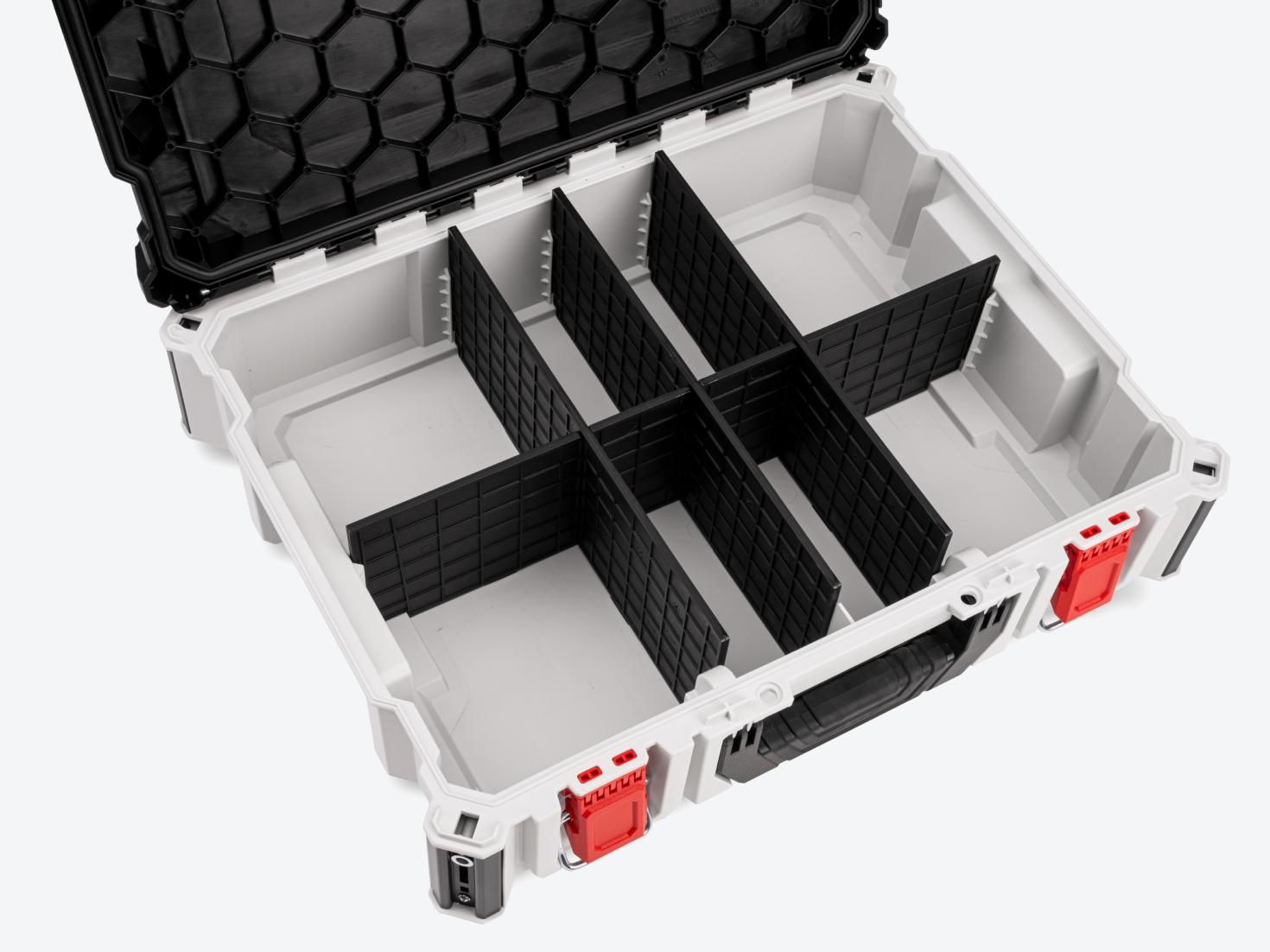 A tool box with dividers inside.