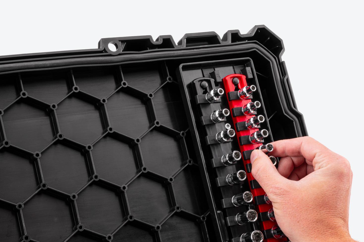 A socket rail tray mounted to the under-lid attachment points