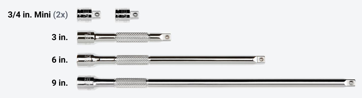 Set includes 3/4 (2x), 3, 6, and 9 inch extensions.