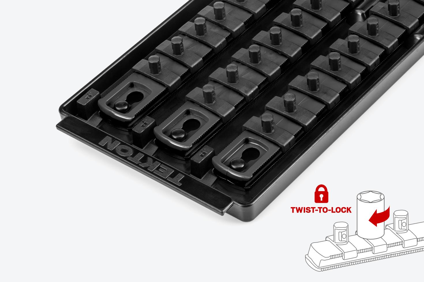 Three black 1/4 inch drive socket rails in a tray with a twist-to-lock graphic in the lower right corner