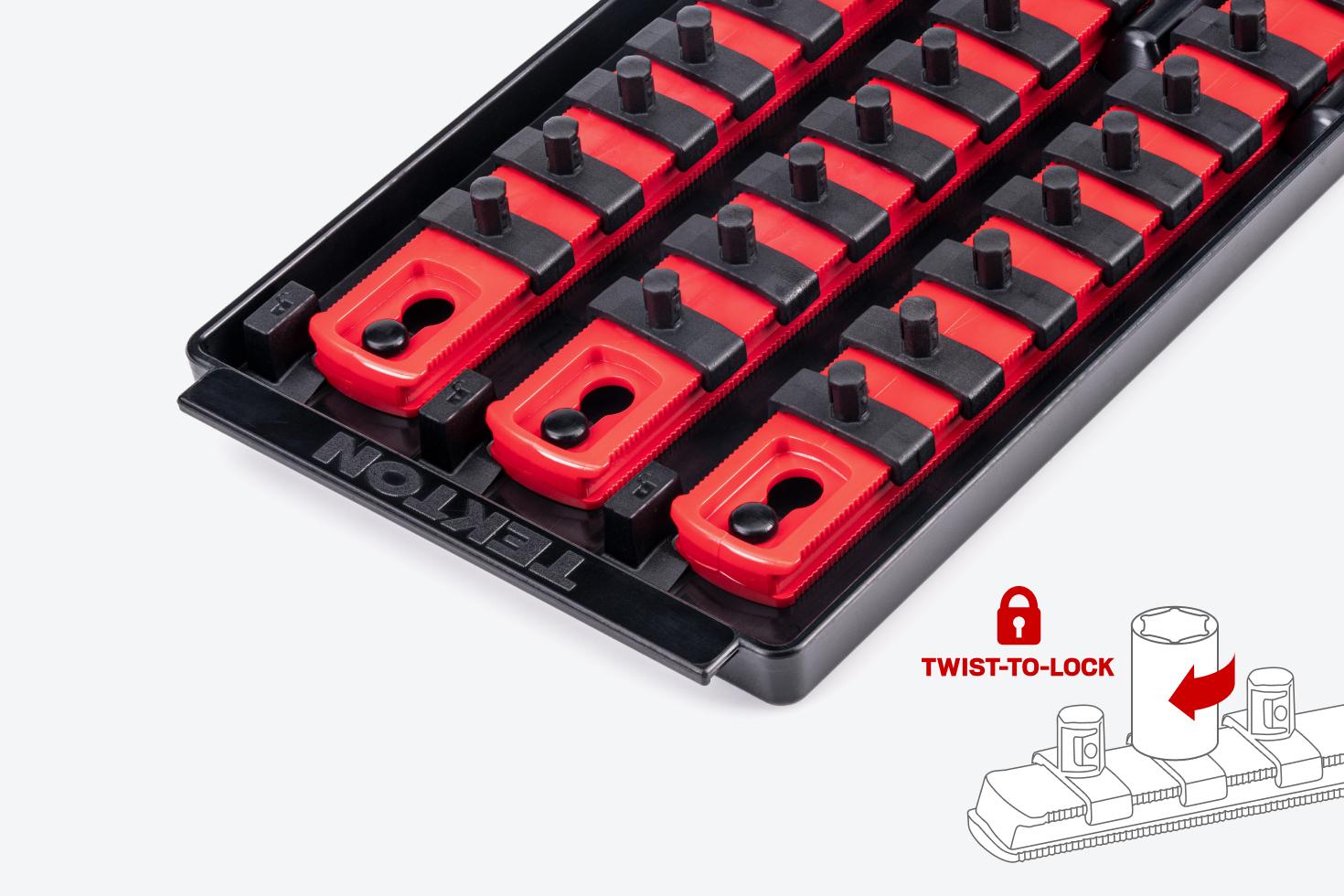 Three red 1/4 inch drive socket rails in a tray with a twist-to-lock graphic in the lower right corner