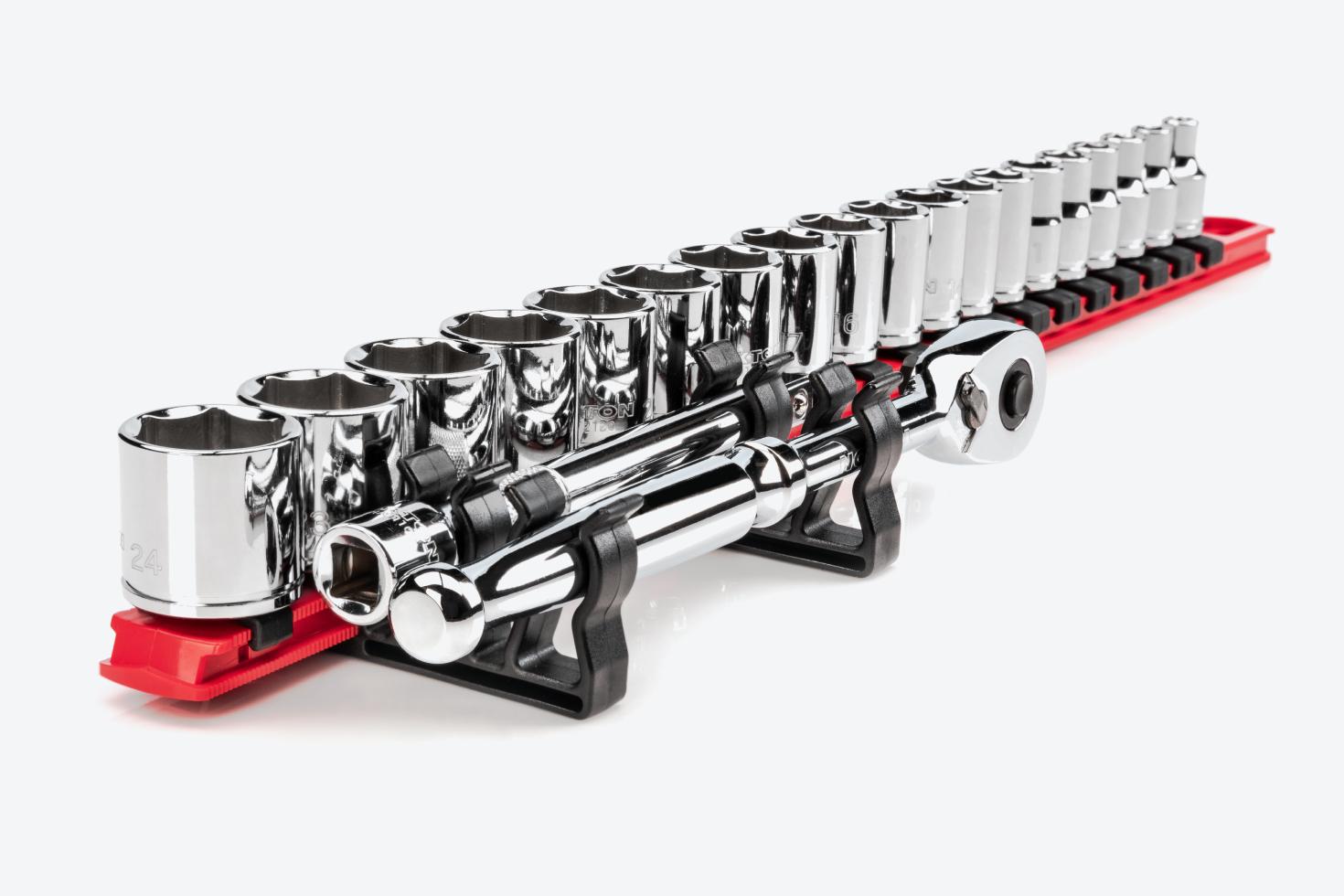 A red socket rail with sockets and side-mount holders holding a ratchet and extension.