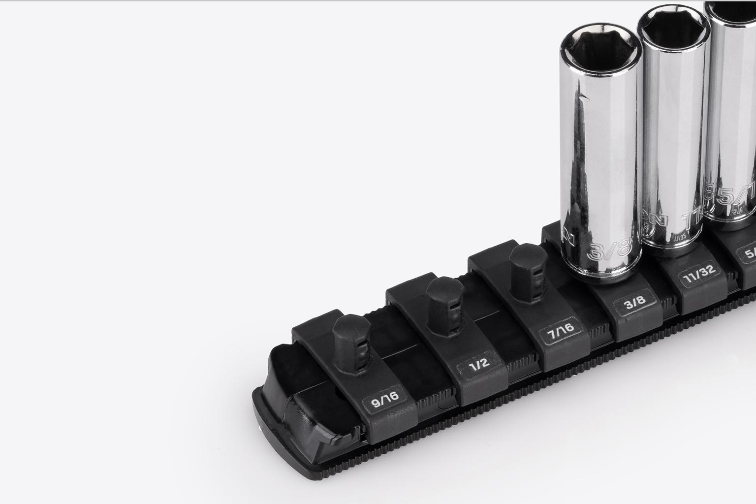 Labels on a black socket rail with hand drive sockets.