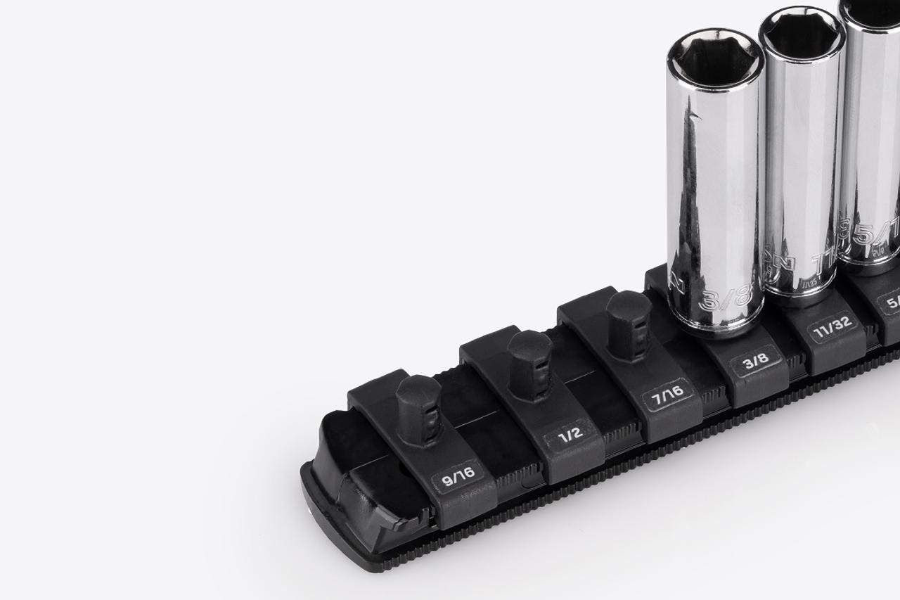 Labels on a black socket rail with hand drive sockets.
